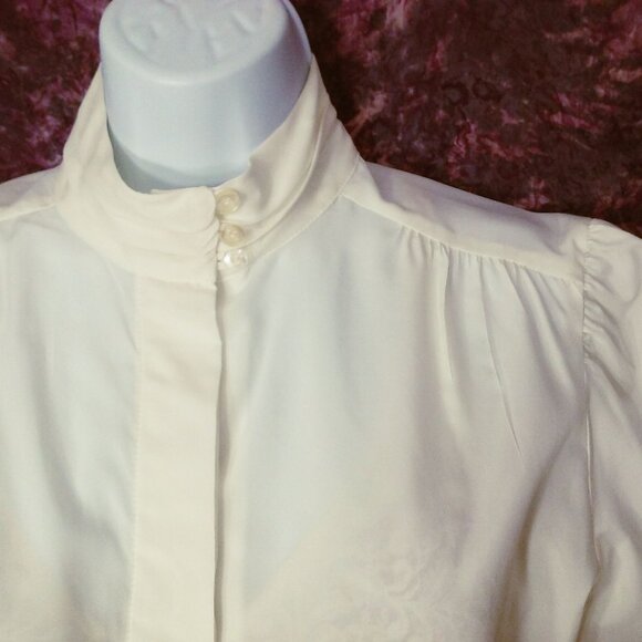 Vintage 80s Jonathan Logan Blouse Top -10 Buttons Pleats MockNeck Puff LSL Ivory - Picture 5 of 9